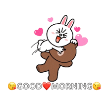 a cartoon of a bunny holding a teddy bear with the words good morning written below it