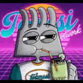 a cartoon character holding a drink with a straw in front of a sign that says ' tanssi network '