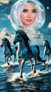 a woman in a white hijab is surrounded by three horses in the water