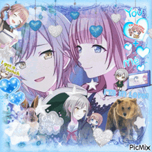a picture of two anime girls with hearts and a bear with the words only you on it