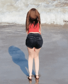 a woman in shorts and a red top stands in the water on the beach