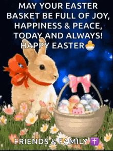 a picture of a bunny with a basket of easter eggs on it