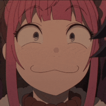 a girl with pink hair is smiling with her mouth open