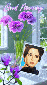 a picture of a woman in a frame with purple flowers and the words " good morning "