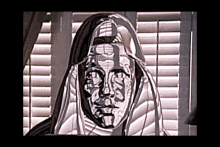 a black and white painting of a woman 's face with blinds in the background .