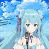 a girl with blue hair is singing into a microphone with the words made it to the credits congratulations rein in the background
