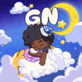 a cartoon drawing of a girl sleeping on a cloud with the word gn above her head