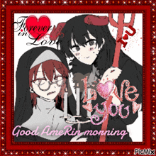a picture of a nun and a devil with the words " forever in love " on it