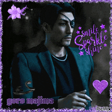 a picture of a man with the words smile sparkle shine above him
