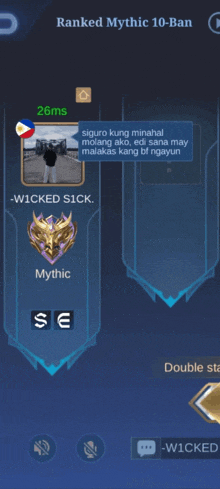 a screenshot of ranked mythic 10 ban with 26ms