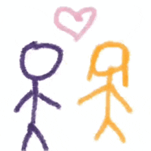 a couple of stick figures standing next to each other with hearts .