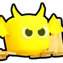 a yellow monster with horns and wings is holding a piece of wood .