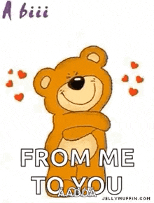 a teddy bear is hugging someone with hearts around it .