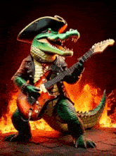 a crocodile wearing a pirate hat is playing an electric guitar