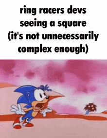 a cartoon of sonic the hedgehog says ring racers devs seeing a square