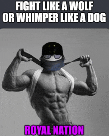 a shirtless man is flexing his muscles with a caption that says fight like a wolf or whimper like a dog royal nation
