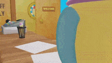 a cartoon character is wearing a colorful hat and standing next to another cartoon character in a room .