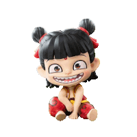 a cartoon character is sitting down with a big smile on her face