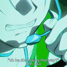 a person holding a blue spoon with the words " oh he dont swing that way ahh luka " below it