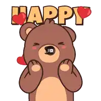 a brown teddy bear is holding two red hearts and the word happy behind him
