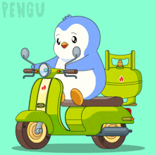 a penguin is riding a green scooter with a gas tank in the back