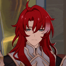 a close up of a cartoon character with red hair and blue eyes