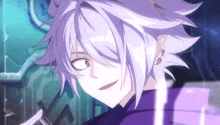 a purple haired anime character with white eyes