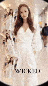 a woman in a white jumpsuit with the word wicked on the bottom right