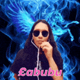 a woman wearing sunglasses and ear buds with the name fabubu on the bottom