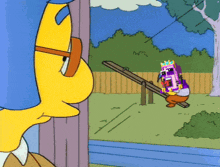 a cartoon of a man looking at a purple pixelated character on a seesaw