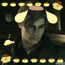 a picture of a man with pomeranian ears and a clock in the background
