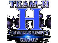 a logo for team h humble unity group with purple hearts