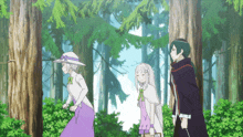 three anime characters are standing in a forest