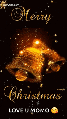 a merry christmas greeting card with gold bells and stars on a black background
