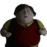 a cartoon character with a backpack and a red vest