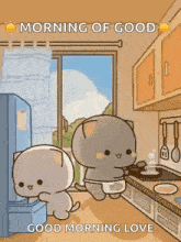 a couple of cartoon cats are standing in a kitchen cooking .