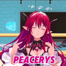 a red haired anime girl is giving the middle finger with the words peacerys written below her