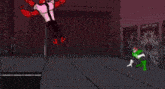 a pixel art of a green lantern with a green light coming out of his hands .