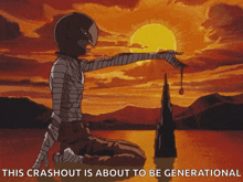 a cartoon of a man kneeling in front of a sunset with the words this crashout is about to be generational