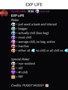 a black screen with skulls and the words " exp life " at the top