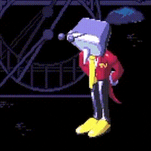a cartoon character is doing a handstand in the dark while wearing gloves .