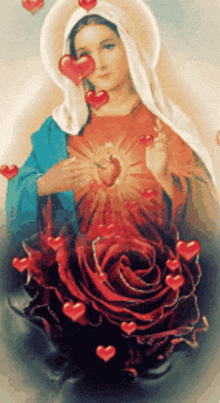 a painting of mary surrounded by hearts and roses