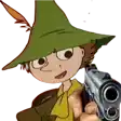 a cartoon character in a green hat is pointing a gun .