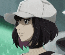 a girl with short black hair is wearing a white baseball cap and choker .