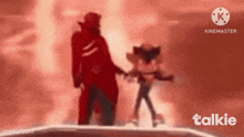 a man in a red coat is standing next to a cartoon character holding hands .