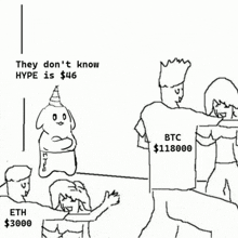 a black and white drawing of a group of people talking about hype .