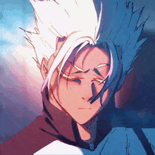 a close up of a drawing of a person with white hair and blue eyes