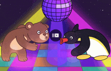 a teddy bear and a penguin are dancing in front of a disco ball