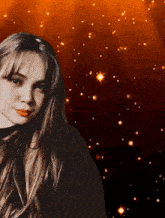 a woman with long hair is standing in front of a red background with stars