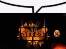 a sign that says ale24 hangs from chains